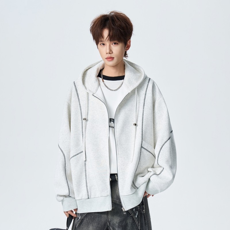 WASSUP潮牌美式重磅连帽拉链开衫外套高级感明线廓形空气层卫衣男