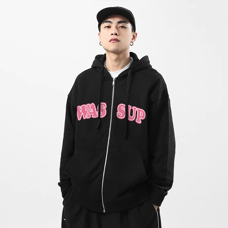 WASSUP绣花字母开衫卫衣外套男