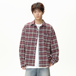 WASSUP美式复古经典红蓝撞色格纹基础口袋长袖格子衬衫男女装春秋