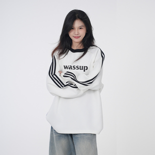 WASSUP美式复古运动条纹长袖卫衣女秋季宽松百搭潮流情侣圆领上衣