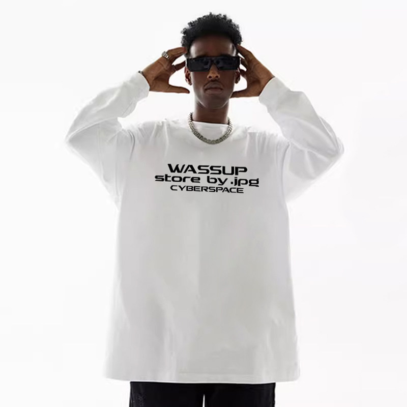 WASSUP美式英文重磅长袖T恤男秋季宽松cleanfit休闲圆领体恤上衣