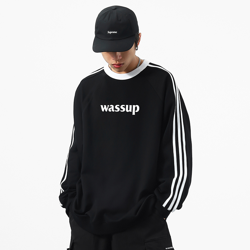 WASSUP国潮美式运动三条杠圆领卫衣男女秋季潮牌高街情侣织带上衣