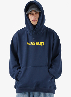 WASSUP国潮牌藏青色字母卫衣男女生重磅连帽衫外套休闲情侣春秋季