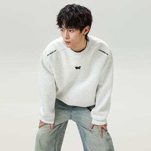 WASSUP美式运动重磅卫衣男春秋2025新款潮流百搭情侣米灰圆领上衣