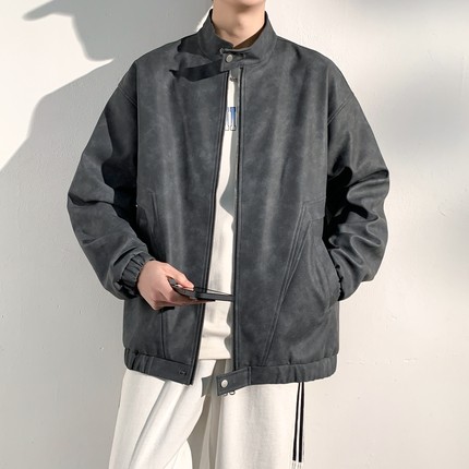 WASSUP设计感小众立领皮衣男女潮牌秋冬季情侣夹克机车服美式外套