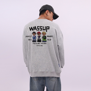 WASSUP HEODS圆领无帽套头卫衣男女生美式重磅宽松秋冬季加绒潮牌
