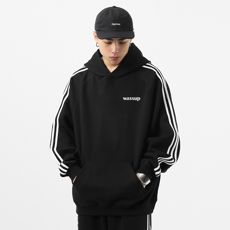 WASSUP HEODS字母潮牌三条杠连帽卫衣男秋冬运动休闲情侣上衣帽衫