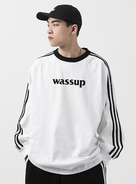 WASSUP三条杠条纹长袖卫衣男秋冬2024新款字母潮牌情侣圆领上衣服