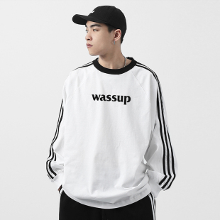 WASSUP三条杠条纹长袖 字母潮牌情侣圆领上衣服 卫衣男秋冬2024新款
