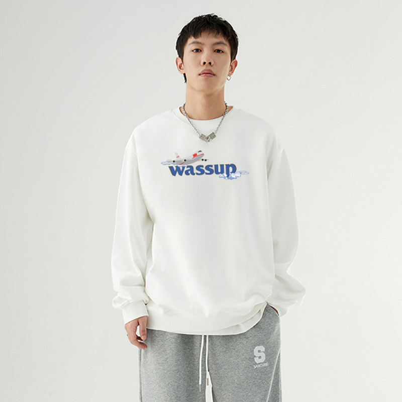 WASSUP HEODS圆领卫衣男生无帽宽松 国潮牌ins情侣上衣美式重磅纯