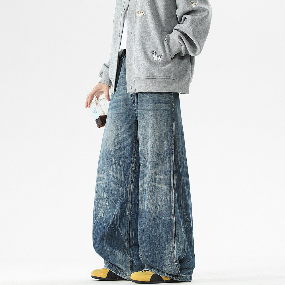 WASSUP闪电纹国潮水洗重工弯刀裤男春秋季宽松cleanfit阔腿牛仔裤