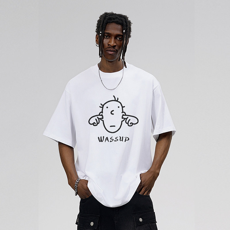 WASSUP美式卡通喷绘短袖T恤男夏季2025新款潮牌情侣圆领半袖上衣