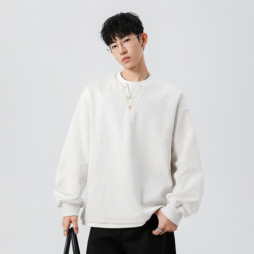 WASSUP假两件灰色长袖卫衣男春秋