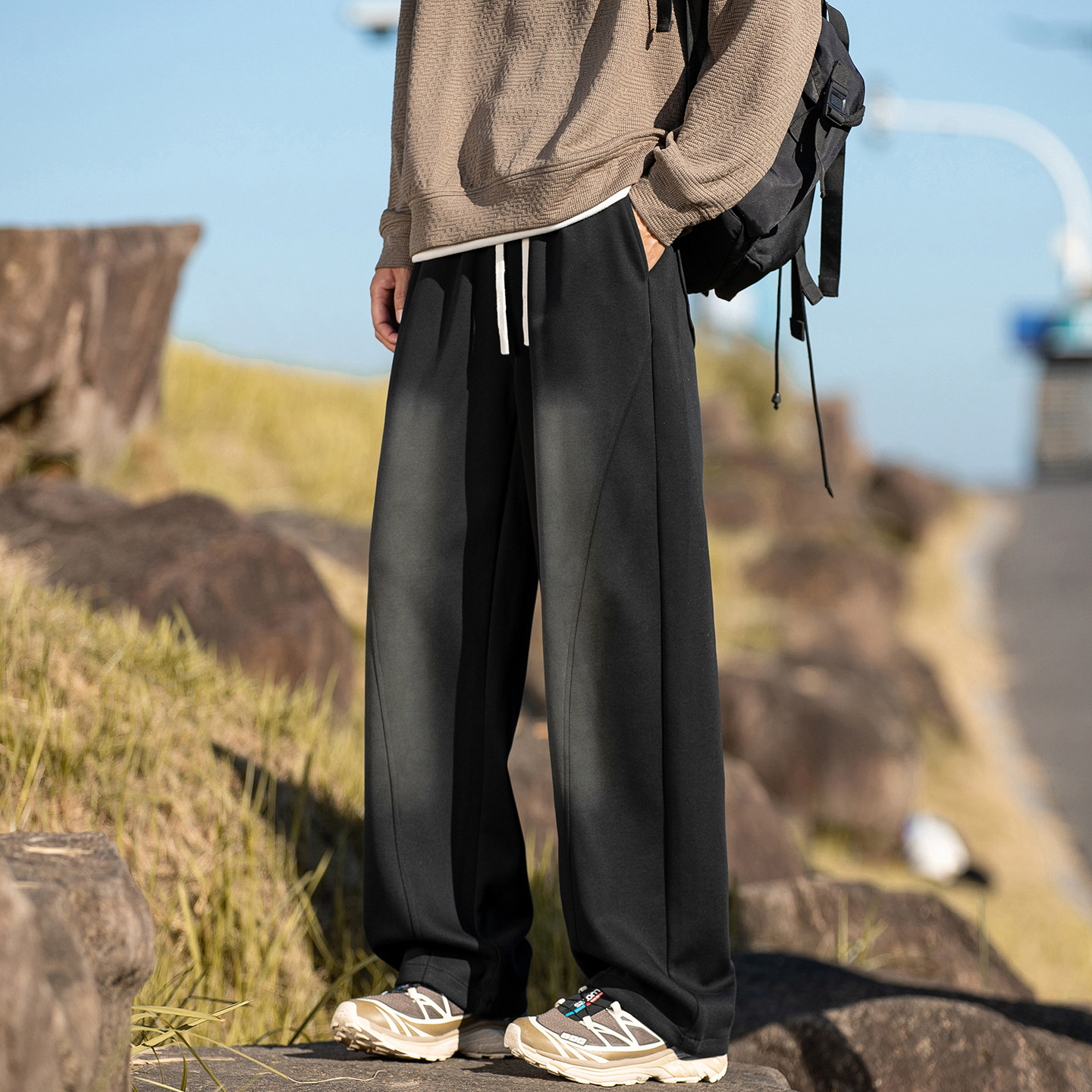 WASSUP美式渐变黑复古卫裤男潮牌宽松休闲青少年百搭街头直筒长裤