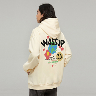 WASSUP涂鸦地球加绒连帽卫衣男潮牌美式高街宽松上衣秋季重磅帽衫