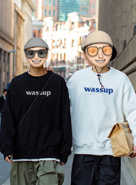 WASSUP美式重磅字母卫衣男生国潮牌高街宽松圆领套头情侣春秋冬季