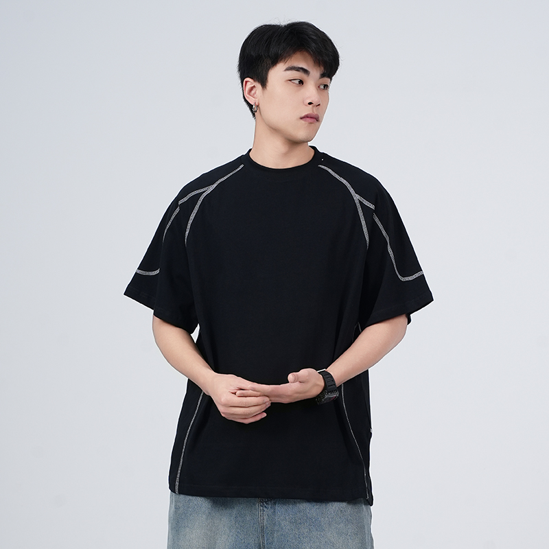 WASSUP明辑线美式运动纯色短袖T恤男夏季宽松休闲圆领半袖上衣服