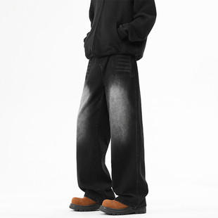 休闲潮流阔腿长裤 直筒痞帅工装 子 男士 WASSUP复古渐变黑水洗牛仔裤