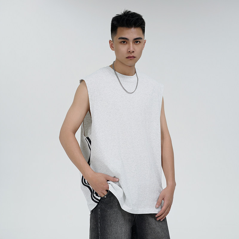 WASSUP潮牌运动休闲简约背心T恤男夏季宽松国潮牌三条杠情侣上衣