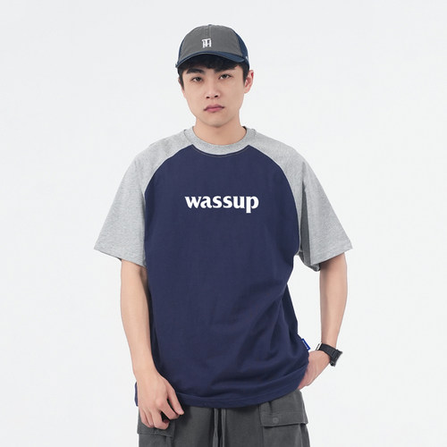 WASSUP潮牌撞色插肩袖T恤短袖男