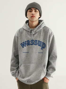 WASSUP重磅潮牌字母卫衣男连帽秋冬宽松加绒美式街头情侣上衣外套