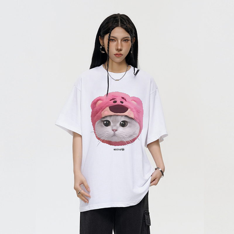 WASSUP潮牌卡通猫咪短袖T恤女