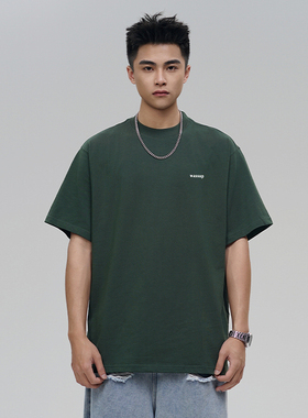 WASSUP字母小logo短袖T恤学生情侣墨绿色夏季国潮流男女圆领上衣