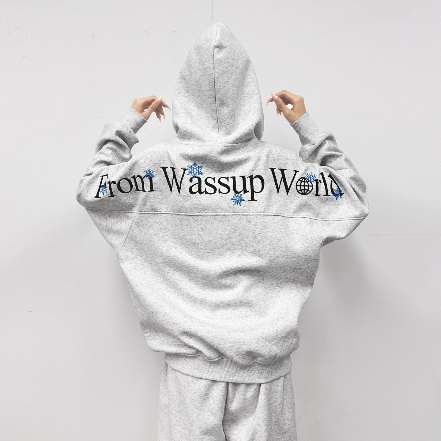 WASSUP美式刺绣字母连帽卫衣男女