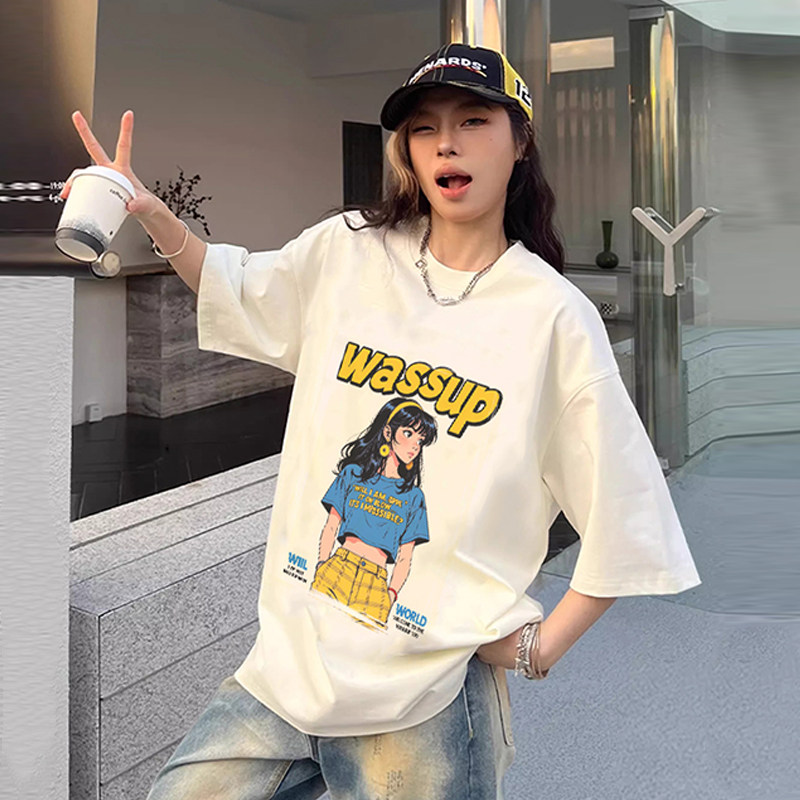 WASSUP漫画女孩美式喷墨短袖T恤男女款夏季oversize宽松圆领上衣