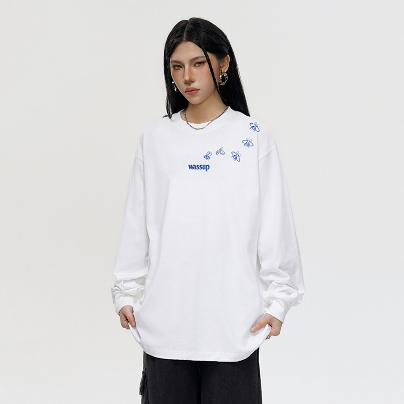 WASSUP潮牌美式简约重磅纯棉长袖T恤男女装秋季宽松圆领体恤上衣