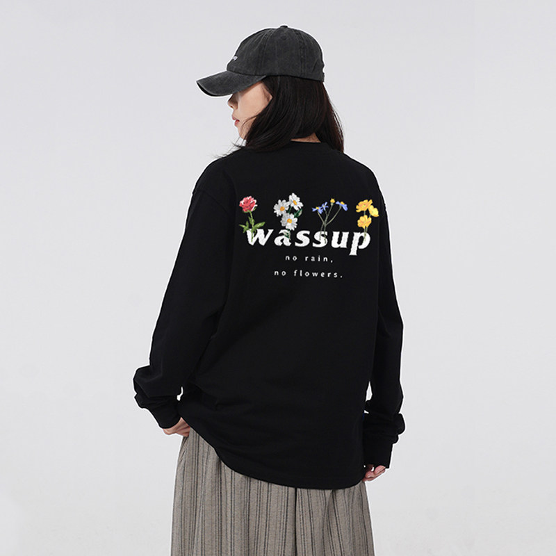 WASSUP四季花香重磅长袖T恤女秋季宽松休闲潮流百搭圆领体恤上衣