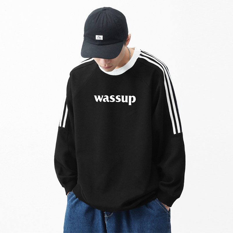 WASSUP HEODS字母潮牌条纹织带卫衣男女秋冬新款运动百搭情侣上衣