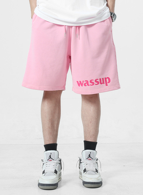 WASSUP粉色休闲短裤男女生运动宽松夏季高街情侣字母潮牌五分裤子