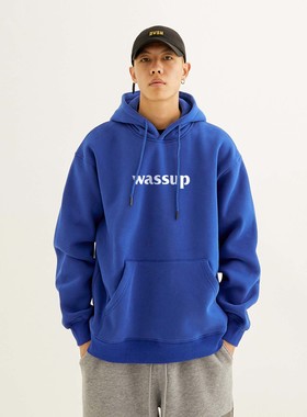 WASSUP国潮牌克莱因蓝字母卫衣男女连帽情侣宽松秋冬重磅打底衫男