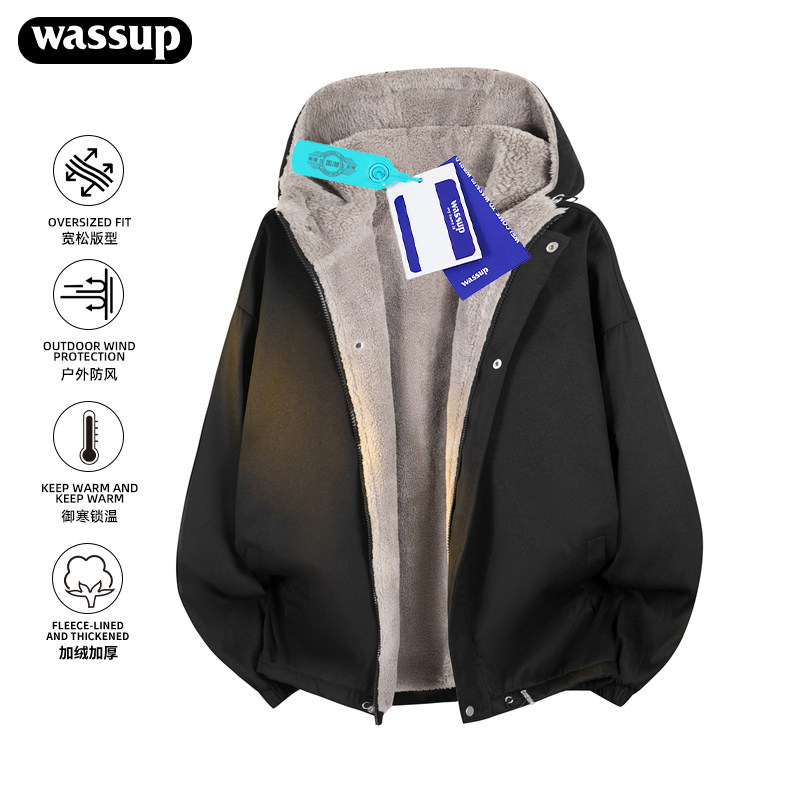 WASSUP羊羔绒夹克男休闲宽松加绒款重磅保暖开衫冬装外套男女潮牌
