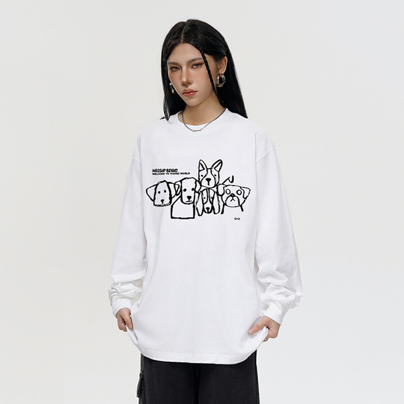 WASSUP狗狗家族美式重磅长袖T恤