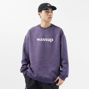 秋冬字母街头休闲情侣装 WASSUP HEODS麂皮绒重磅潮牌圆领卫衣男士