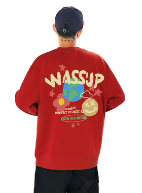 WASSUP美式涂鸦潮牌卫衣男秋冬新款加绒情侣中国红休闲圆领上衣服