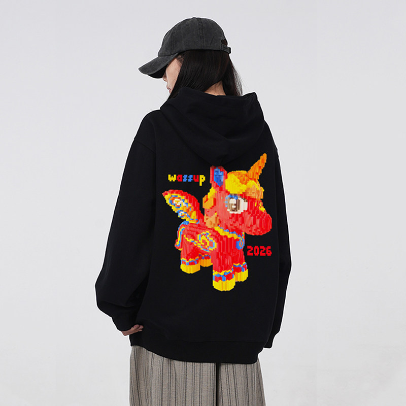 WASSUP国潮重磅马年主题卫衣女连帽秋冬2026新款大红色情侣上衣服