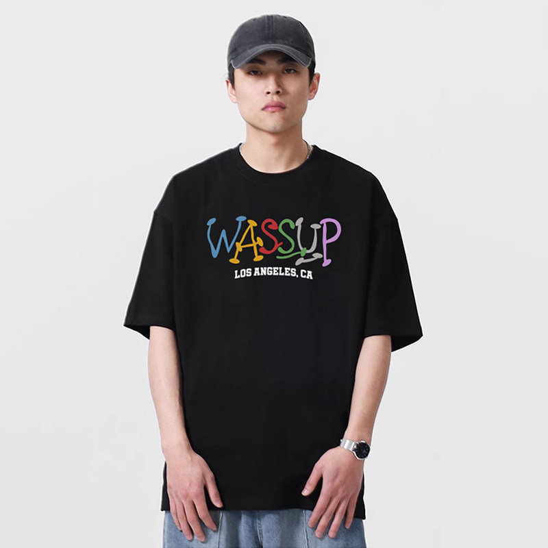 WASSUP美式高街彩色字母短袖T恤男夏季新款宽松百搭痞帅潮流上衣