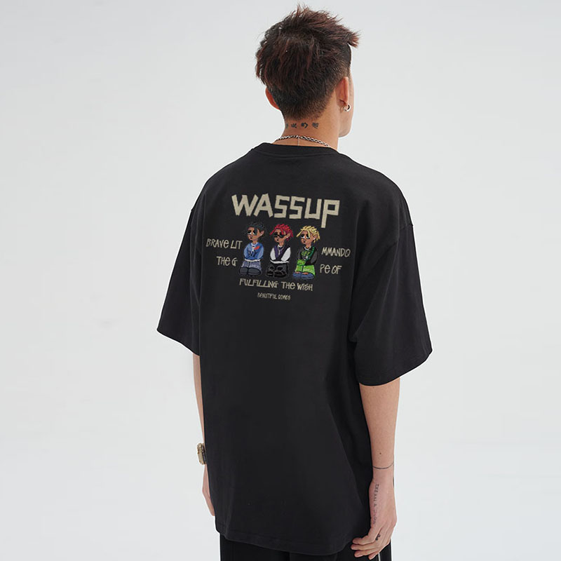 WASSUP潮牌脏辫男孩美式重磅复古T恤男女生情侣休闲宽松短袖夏季