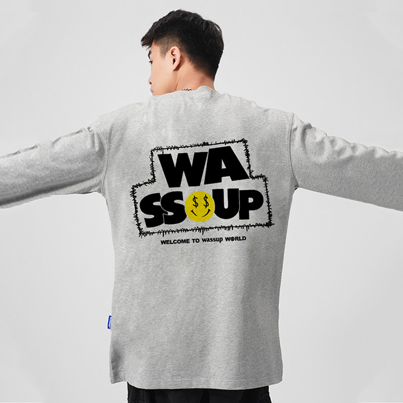 WASSUP美式笑脸重磅长袖T恤男