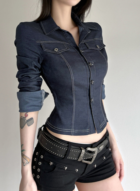 DARLINGAGA美式复古深蓝色弹力牛仔衬衫女修身显瘦翻领开衫短外套