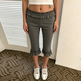 DARLINGAGA欧美辣妹木耳边低腰波点休闲裤女时尚百搭修身针织中裤