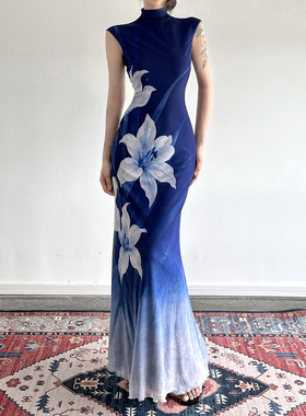 DARLINGAGA新中式复古花卉渐变蓝色连衣裙女高腰显瘦网纱燕尾长裙