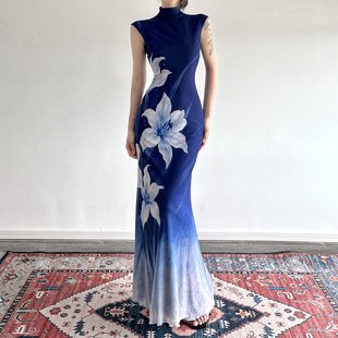 DARLINGAGA新中式复古花卉渐变蓝色连衣裙女高腰显瘦网纱燕尾长裙