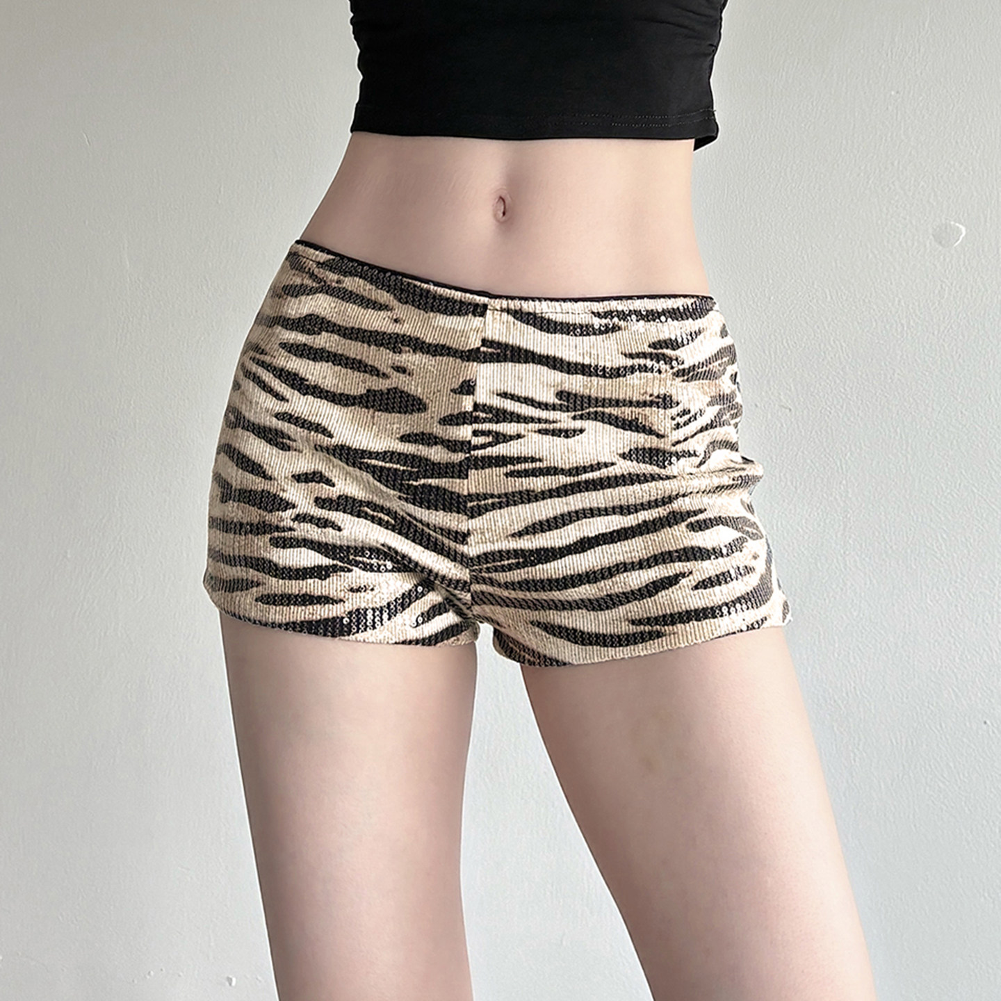 DARLINGAGA野性酷辣风棕色斑马纹亮片休闲裤女低腰修身直筒裤短裤,女装/女士精品,休闲裤,淘宝优惠券,粉丝福利购,淘宝优惠卷