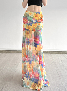 DARLINGAGA夏日多巴胺油画风晕染网纱半身裙女浪漫度假沙滩裙长裙