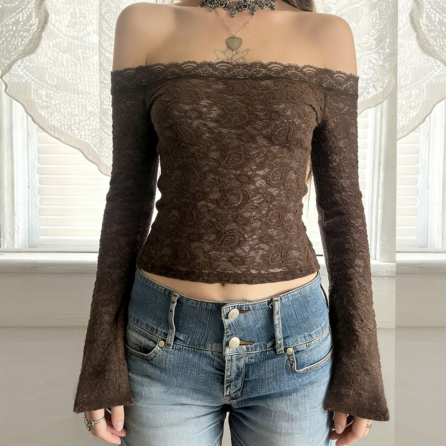 DARLINGAGA优雅气质蕾丝拼接一字肩喇叭袖T恤女复古百搭修身上衣,女装/女士精品,T恤,淘宝优惠券,粉丝福利购,淘宝优惠卷