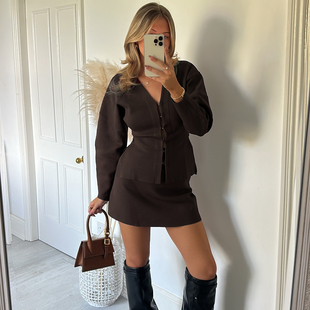 DARLINGAGA美式 性感包臀短裙 复古棕色针织休闲套裙女束腰短外套